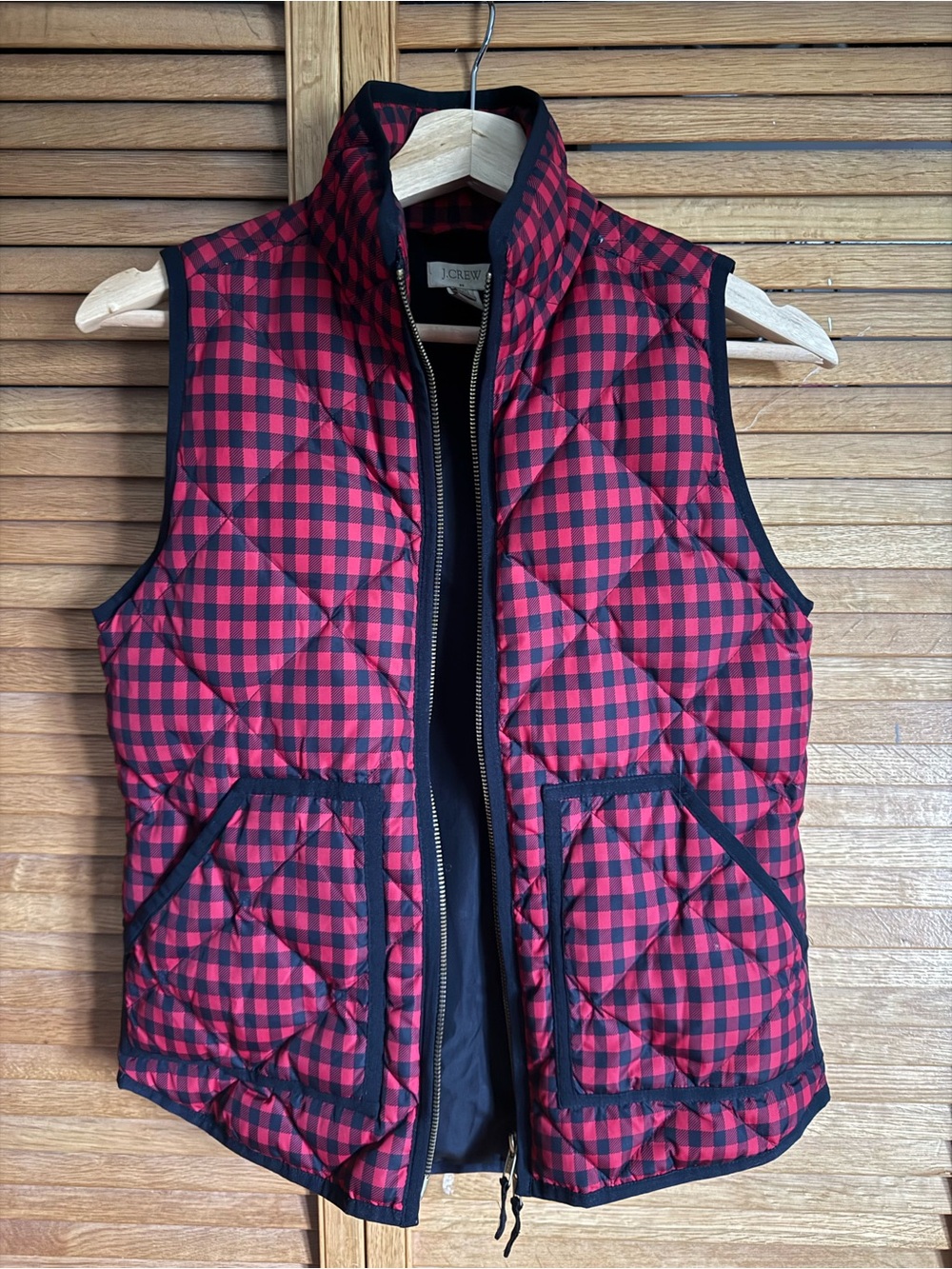 J. Crew Red and Black Quilted Plaid Vest
